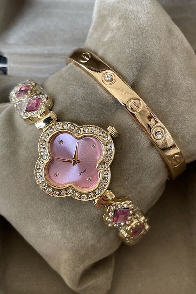 Leerybee Stoned Clover Patterned Women's Wristwatch - with Bracelet Nl-017
