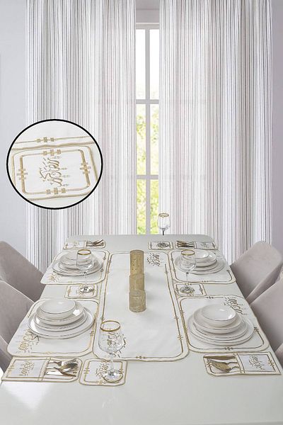 Bonny Home Αραβικό Ramadan Kareem Cream Gold 8 Ατόμων 25 Τεμάχια Κεντημένο Λινό Λινό Αμερικάνικο Σετ σερβιρίσματος