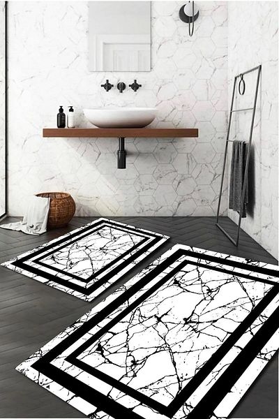 G&C HOME Covoraș de baie dublu cu dungi albe și negre, imprimat digital, absorbant de apă (40/60cm -60x100cm)