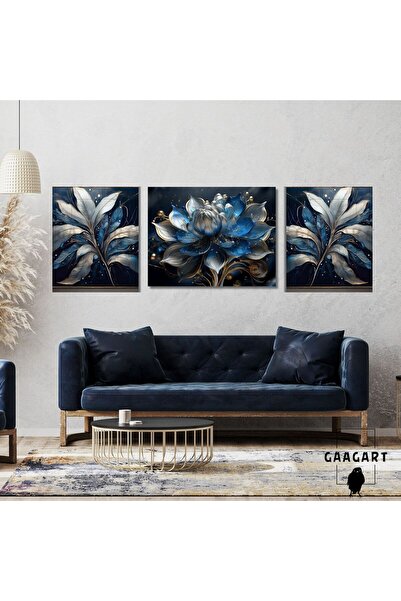 GAAGART 3lü Kanvas Şık Salon Duvar Tablosu Mavi Gri Çiçek Tasarımı