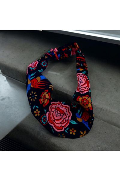 alsaccessories Banda de păr elastică pentru femei de culoare neagră cu flori și păsări, clemă de păr