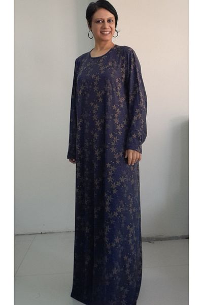 Mertcan Butik Μακρυμάνικο φόρεμα από χτενισμένο βισκόζη με μοτίβο μπλε ναυτικό αστέρι