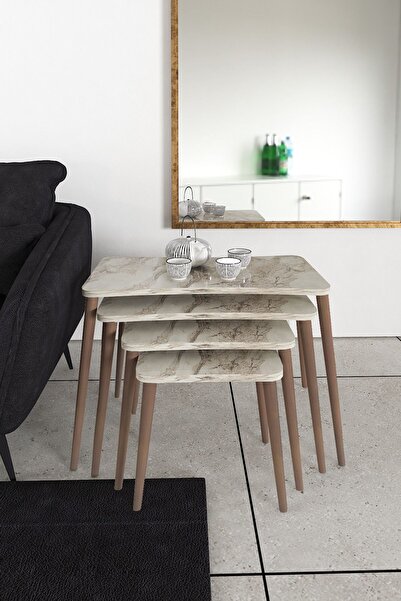 Zuesse Dizayn Selena 4lü Zigon Sehpa Ahşap Ayaklı Salon Seti Çay Sehpası – Be...