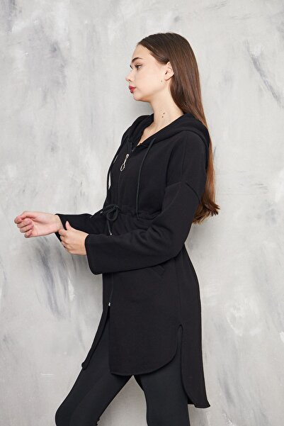 KİM Kİ O Μαύρο Hijab - Καθημερινή χρήση, Μπροστινό φερμουάρ, Τσέπη, Κάτω από το στήθος και κορδόνια με κουκούλα, 3 κλωστές