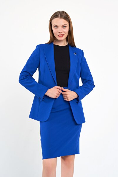 Blue Black Saks Mavisi Klapa Yakalı Ceket Etek Takımı