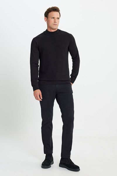 ALTINYILDIZ CLASSICS Pulover negru din tricotaje din bumbac cu model pe jumătate de gât - Potrivire standard