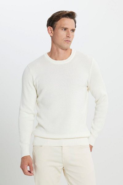 ALTINYILDIZ CLASSICS Ecru Knitwear Sweater - Cotton, Crew Neck, Honeycomb Texture, Standard Cut