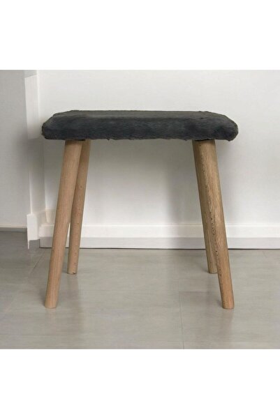 Taşkale Gürgen Ahşap Retro Ayak Dekoratif Antrasit Pelüş Puf Tabure Bench Koltuk Sandalye