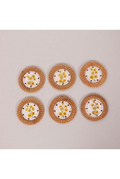Mylamp Papatya 6-Piece Natural Rattan and Handmade Ceramic Coasters