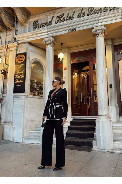 1Moda1Tarz Black Imported Tweed Women's Jacket and Trousers Set - Button Detailed and Belted