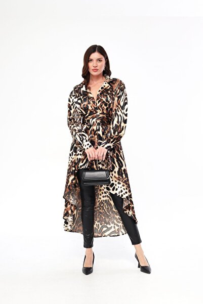 My Peak Satin Fabric Leopard Patterned Women's Shirt Dress