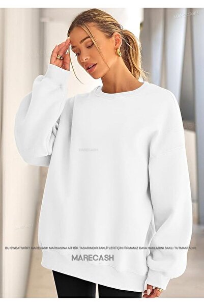 MARECASH Λευκό oversized Βαμβάκι τεμάχια Φούτερ Basic με λαιμόκοψη ποδηλάτου