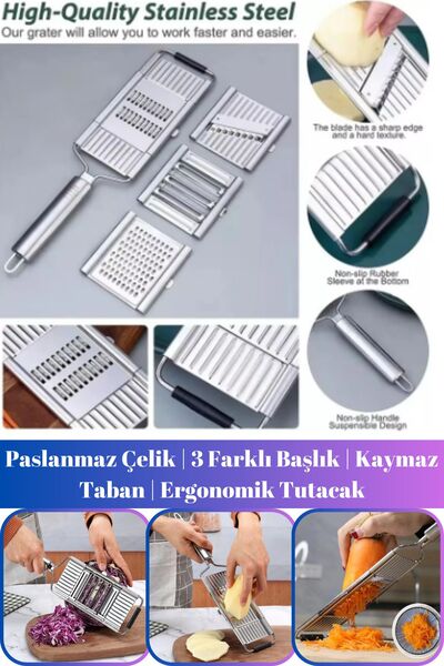 Hane Dostu 3+1 Parça Palanmaz Çelik | 3 Farklı Başlıklı Sebze Meyve Peynir Dilimleyici Rende