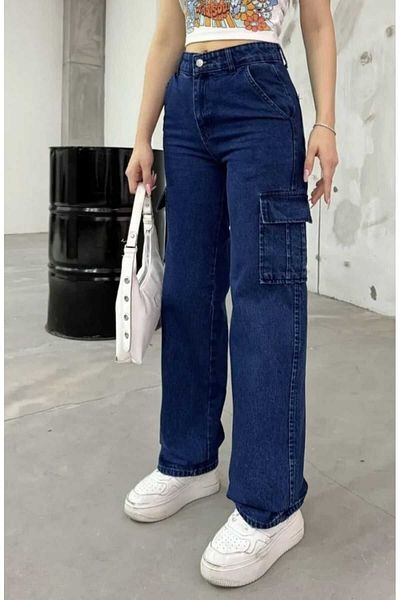 moda camiya Blugi cargo Palazzo pentru femei - picior lat, pantaloni din denim cu buzunare laterale