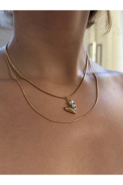 Esmee Pearl Detailed Heart Gold Color 2-Piece Necklace