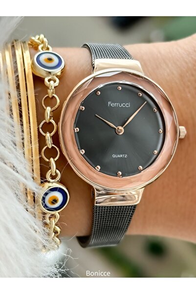 Ferrucci Marka Füme Renk Çelik Kordon Kadın Kol Saati + Nazar Boncuklu Bileklik