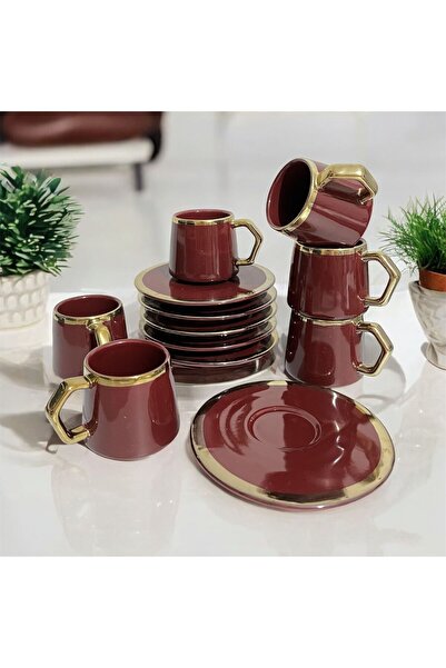 HİNESSA bordo yaldızlı kahve fincanı porselen