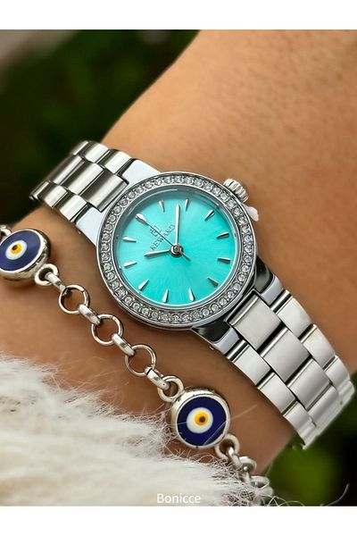 Reward New Model Silver Color Steel Cord Small Mini Case Rhinestoned Women's Wristwatch + Nazar Beaded Bracelet