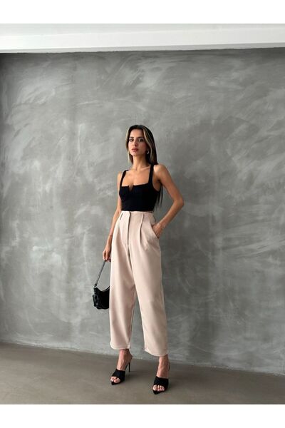 Pienk Yüksek Bel Piliseli Kadın Kumaş Pantolon