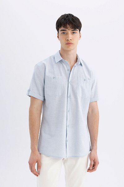 DeFacto Cămașă cu mânecă scurtă, cu guler polo, slim fit, cu aspect de in, N9073az24sm