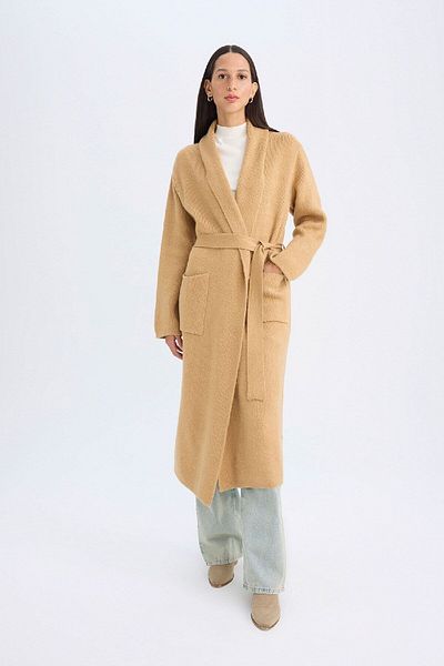 DeFacto Comfortable Cut Shawl Collar Knitwear Cardigan - Plain Belted, Long A2081Ax24Wn