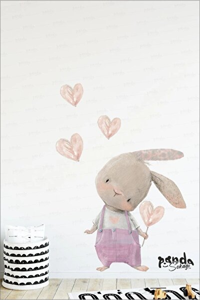 PANDA SOKAĞI Cute Heart Rabbit in Pink Overalls Wall Sticker Set Children's R...