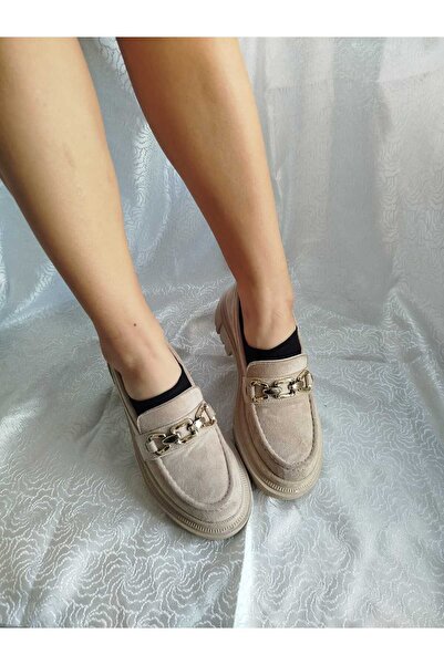 MCASERING Dört Mevsim Kadın Kalın Taban Loafer Makosen Ayakkabı Süet Bej