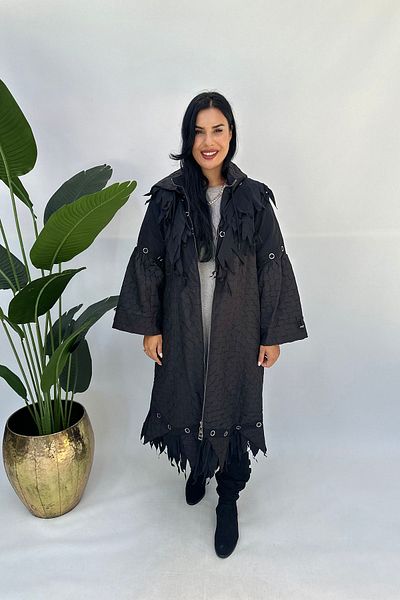 GÖKSEL Black Large Size Ruffle Detailed Long Trench Coat