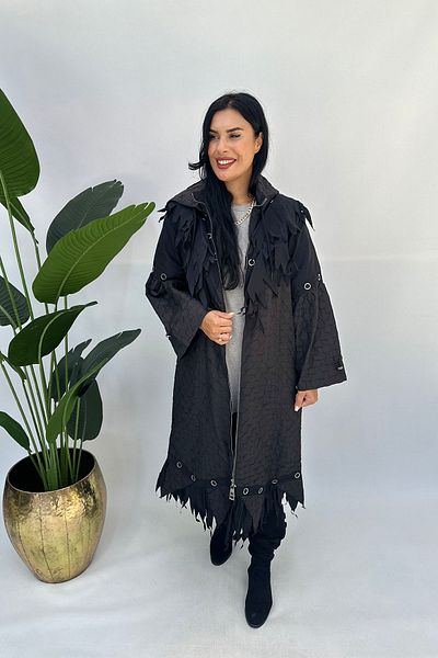 GÖKSEL Black Large Size Ruffle Detailed Long Trench Coat