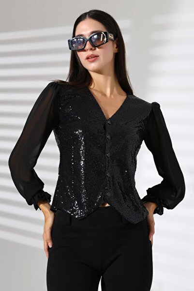 Mois Atelier Siyah Şifon Bilek Büzgülü Balon Kol Payetli Çık Çıt Kapama Yelek Gömlek Tasarım Hediye Büyük Beden