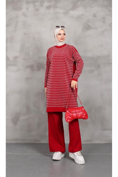 nacar çarşı KADIN MODEST YAN ÇİZGİ DESENLİ SİMLİ TRİKO TUNİK PANTOLON 2'Lİ ALT-ÜST TAKIM