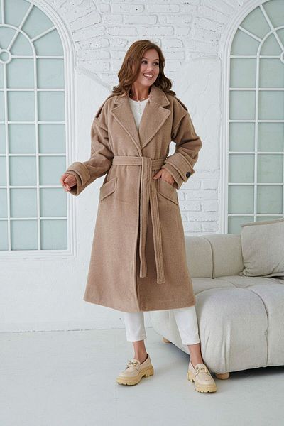 WOMAN VISION Παλτό Midi Mink με διπλό στήθος με ζώνη - Μακρυμάνικο, εκτός ώμου, με επένδυση 9002