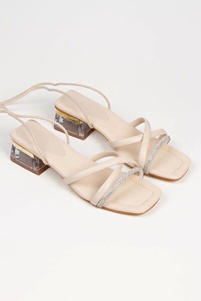 elvinshoes حذاء سهرة نسائي بيج - رباط للكاحل، شفاف، كعب منخفض