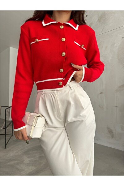 charm butik Gold Buttoned Polo Neck Crop Cardigan