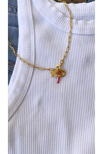 jewine studio Kırmızı Şans İpi Detaylı Çelik Maça&Sinek Tasarım Kolye