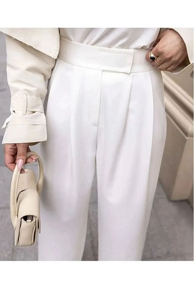 La Querta High Waist White Palazzo Trousers - Velcro and Adjustable Waist Wide Leg