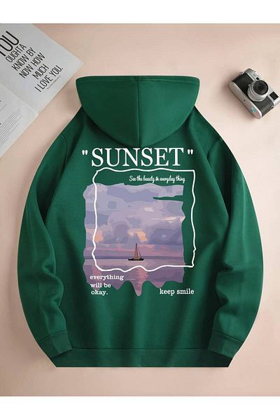 Keywest Унисекс Зимен суичър с щампа Sunset - 3 нишки, 100% памук, суитчър с качулка