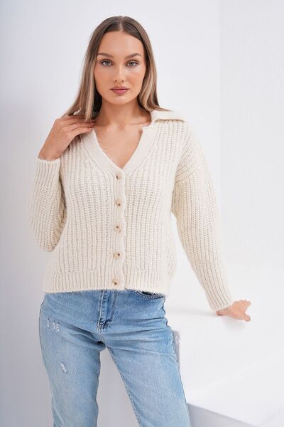 Butik Serdivan Новий сезон вінтажний кардиган з поло - в'язка «Селонік», екрю