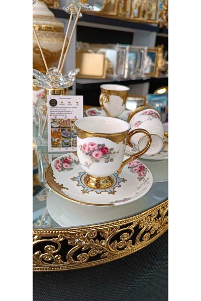 Kosova Floral Patterned Porcelain Coffee Cup Set for Gilt 6 Winter - Roses
