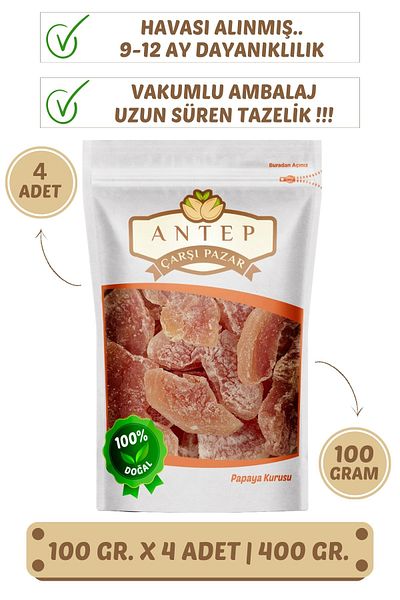 Antep Çarşı Pazar 4 Pieces 100 Gr. Papaya Dried Fruit - Vacuum Packaging