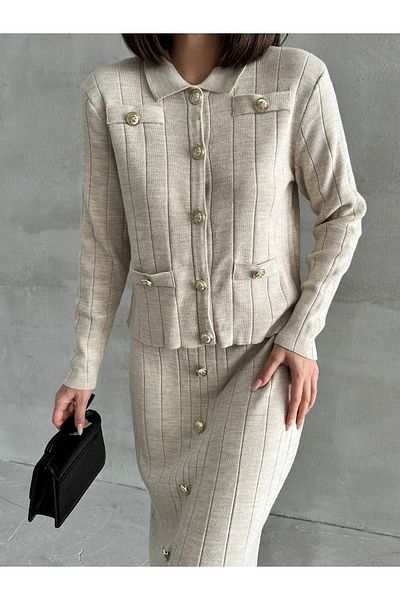Elilook Women's Knitwear Skirt and Cardigan Set - Pocket Accessory