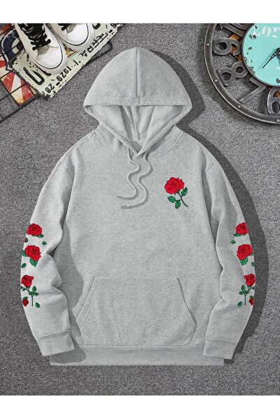 Machetta Hanorac cu glugă cu imprimeu cu trandafiri de iarnă supradimensionat...