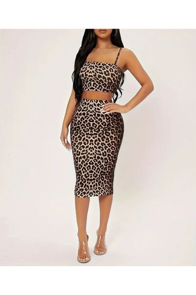 Lion Collection Leopard Patterned Crop Skirt and Top Set