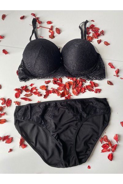 love secret Women's Black Large Size C Cup Gatter Without Support Lace Bottom Top Bra Set