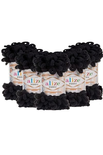 Alize Puffy 1060 Black Hand Knitting Yarn - Pack of 5