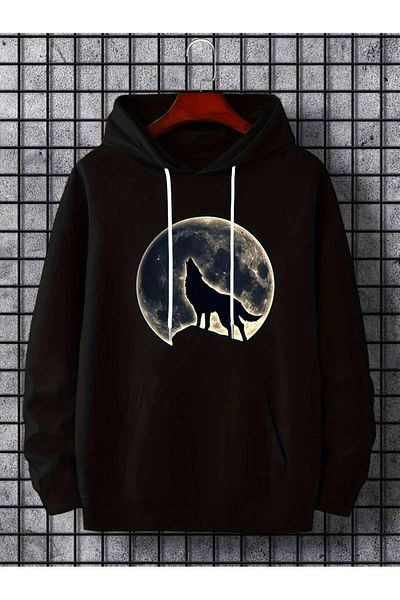 Machetta Hanorac de iarnă oversize unisex cu imprimeu Dolunay Wolf - 3 fire 100% bumbac, hanorac cu glugă