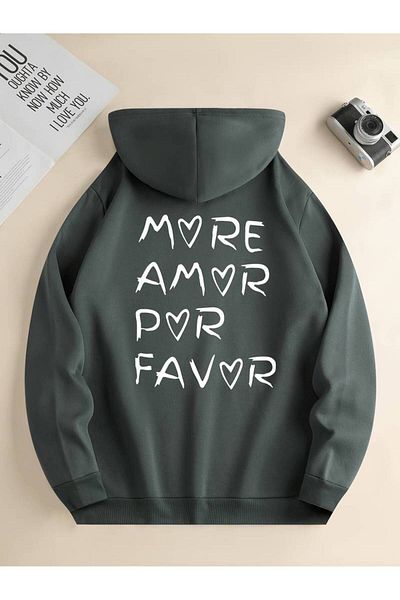 Keywest More Amor Por Favor Printed Unisex Oversize Χειμερινό φούτερ - 3 κλωστές 100% βαμβακερή κουκούλα