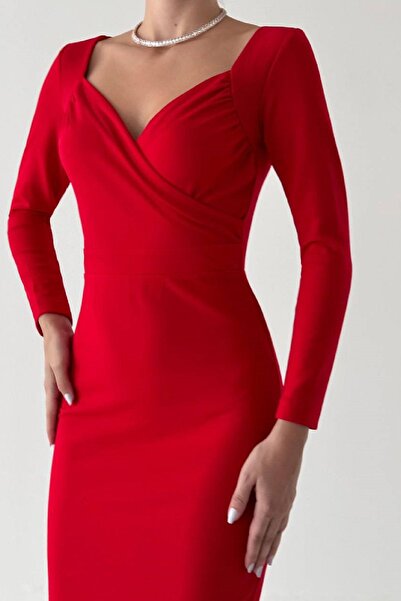 Pissos Kadın Kruvaze Yaka Midi Boy Kırmızı Elbise