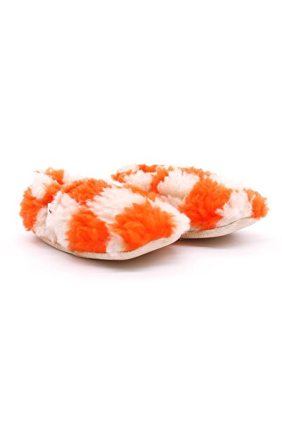 Damalı Turuncu Krem Peluş Pamuklu Kaydırmaz Bebek Patik