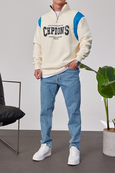 NOMARC Chpions Collar Zippered Ecru Sweatshirt